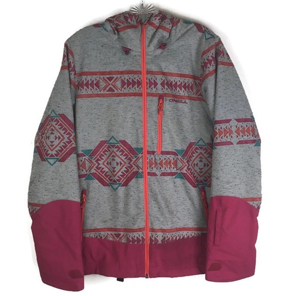 O’Neill Thinsulate Waterproof Firewall Boho Snowboard Hooded Jacket in Gray/Pink - Picture 1 of 16